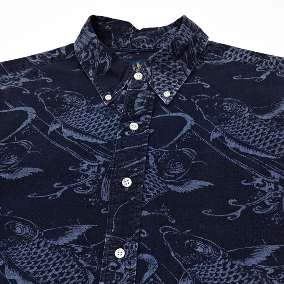 Polo Ralph Lauren Slim Fit Button Up Shirt Men's L Blue Koi Fish All Over Print - Picture 1 of 8
